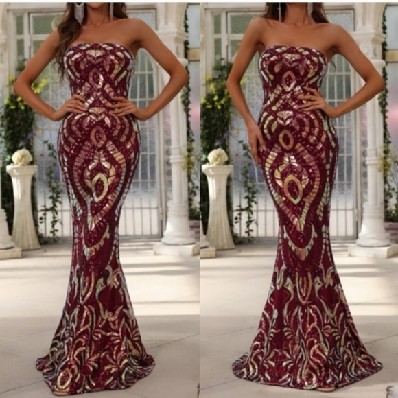 Burgundy All Over Print, Sequined,  Strapless,  Mermaid Maxi Gown - Picture 1 of 11